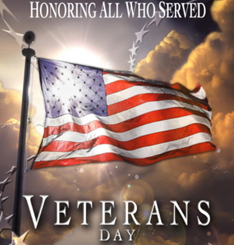 Veterans Day program cover with U.S. flag extending by the wind in front of dark clouds from which the sun is bursting through