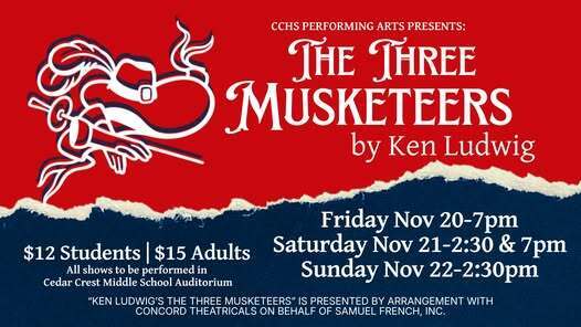 Show poster for The Three Musketeers featuring event times and ticket prices