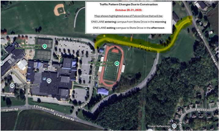Map of CCHS campus roadways with legend informing about traffic pattern changes