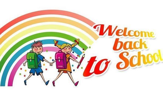 graphic of boy and girl and rainbow Welcome Back to School