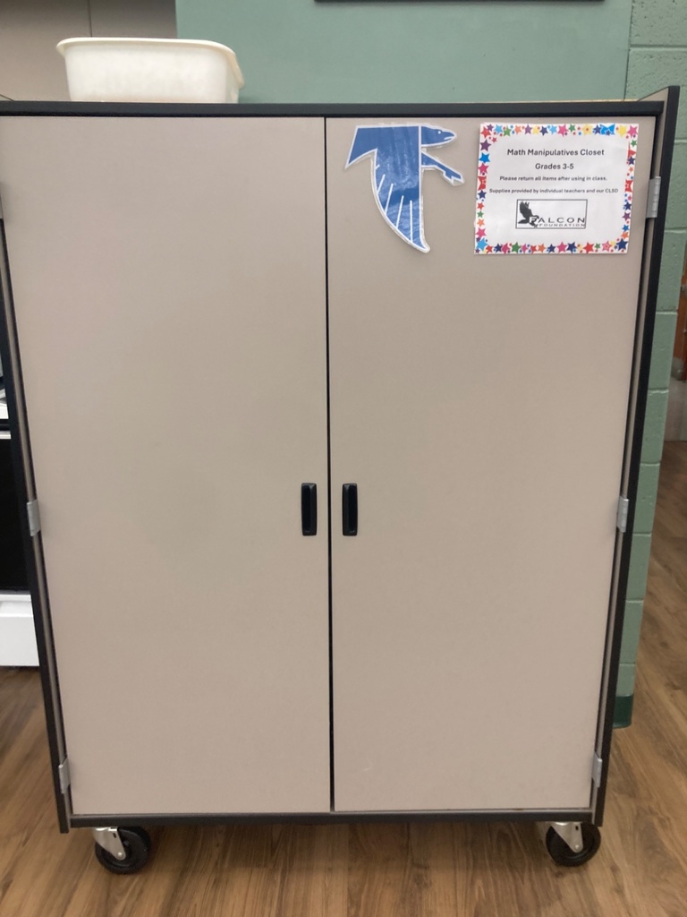 sign on mobile closet thanking Falcon Foundation for donating the math manipulatives stored inside