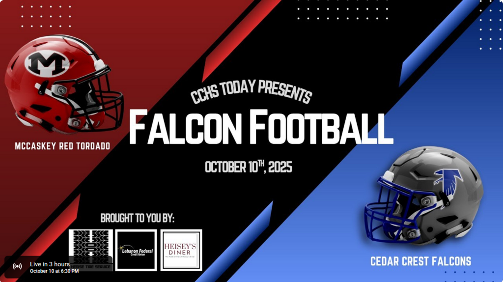 two football helmets with words advertising the Live stream of the Oct. 10 CCHS football game