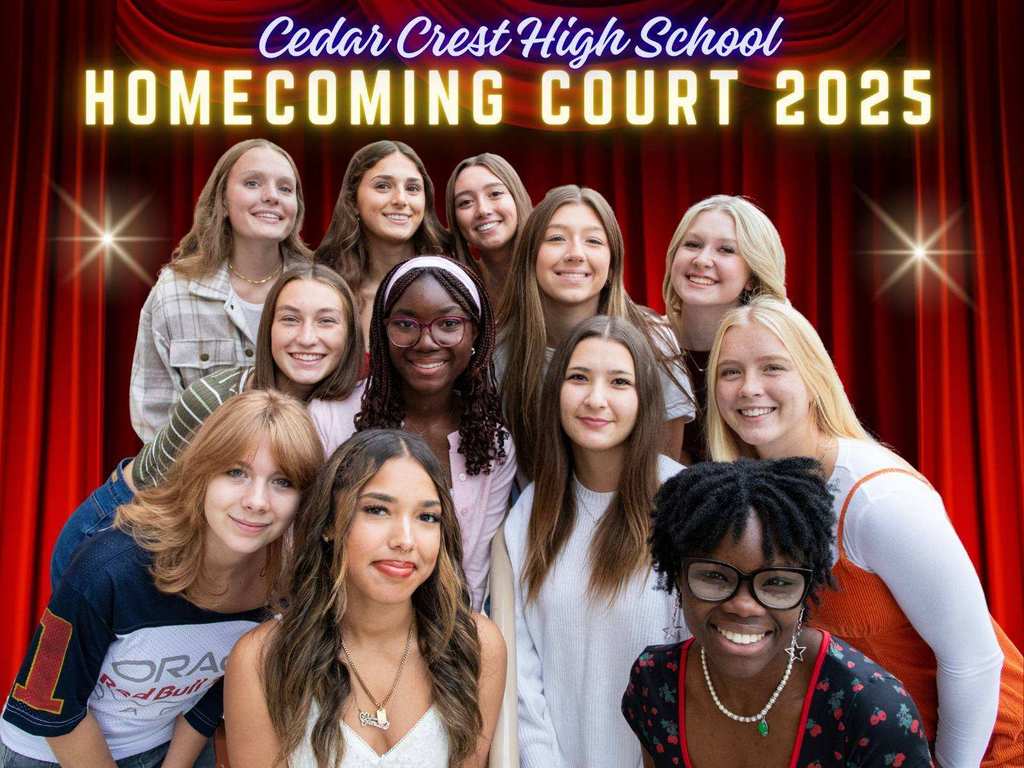 Twelve girls in front of a red curtain with the words Cedar Crest High School Homecoming Court 2025