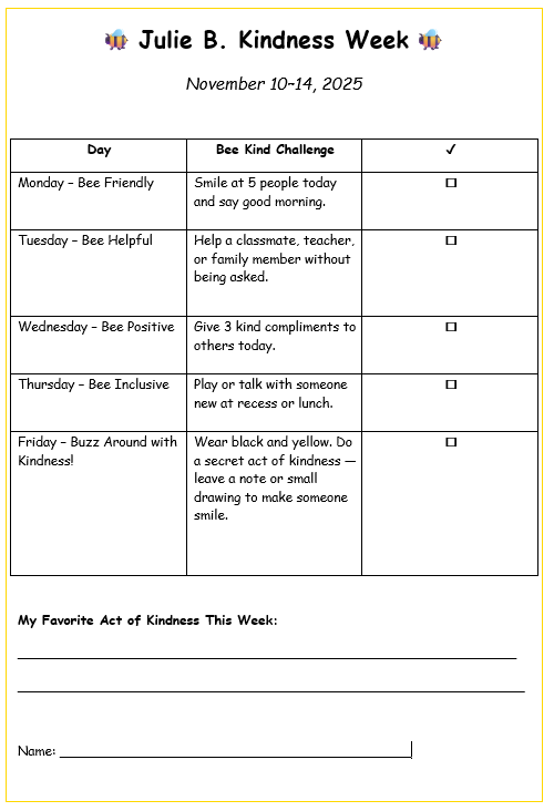 Julie B. Kindness Week chart of activities