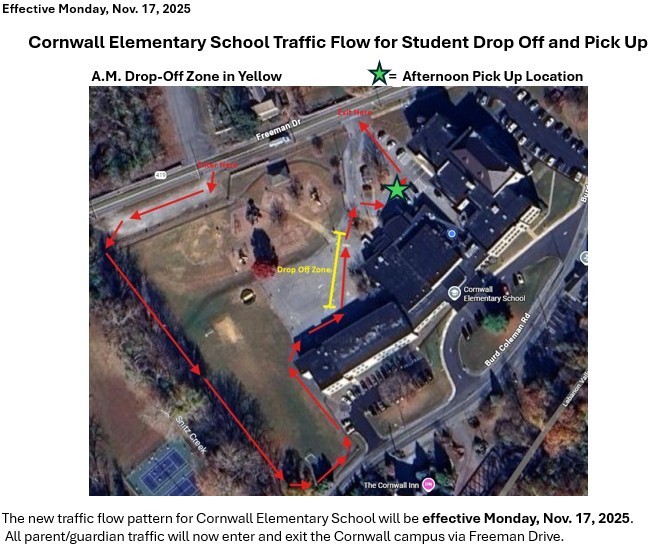 map showing new traffic pattern for student drop off-pick up at Cornwall Elementary School