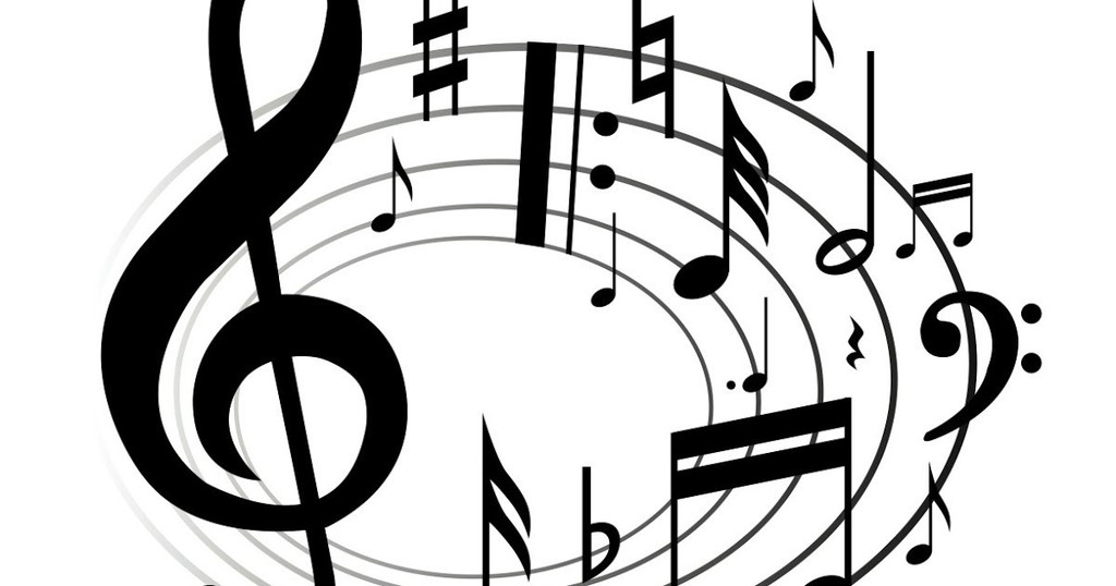 Music notes and symbols on a spherical music staff