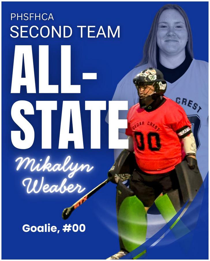 Two images of Mikalyn Weaber in an athletic jersey with long light brown hair and in full field hockey goal tender uniform. This is a poster announceing Mikalyn's selection to the Second Team All-State Filed Hockey Team 