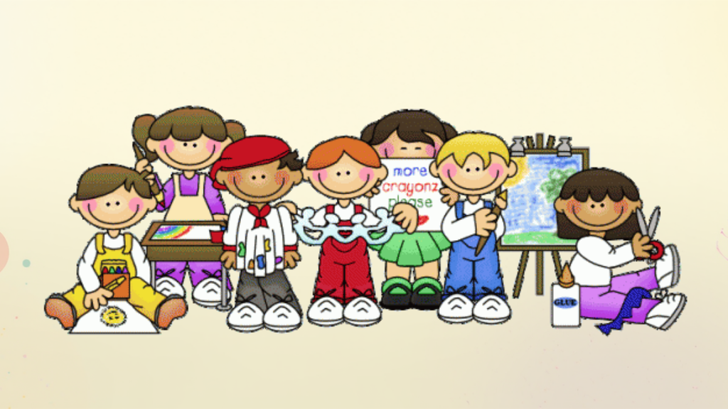 graphic image of seven diverse kindergarten age children with crafts