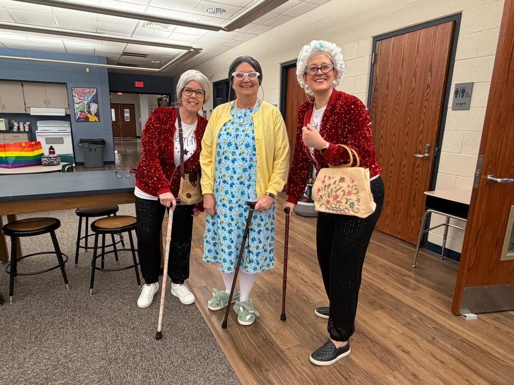 three teachers dressed like 100- yr-olds