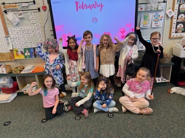 eleven Kindergarten kids dressed like 100-yr olds