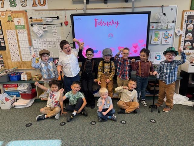 eleven Kindergarten kids dressed like 100-yr olds