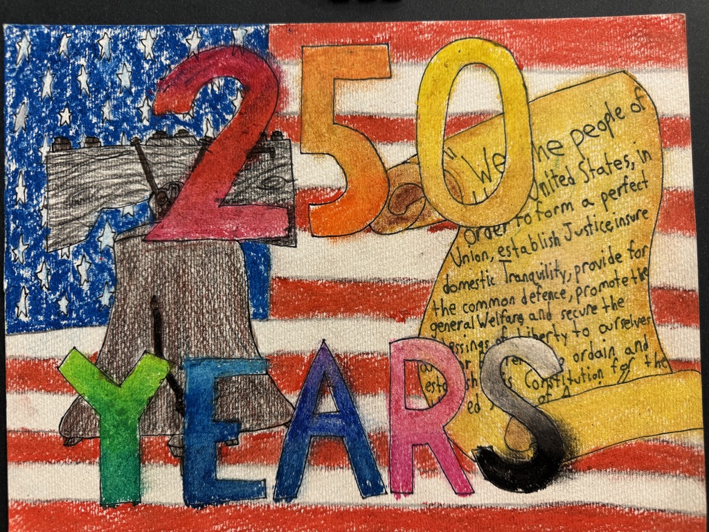Student artwork of the American flag with the Liberty Bell and Declaration of Independence