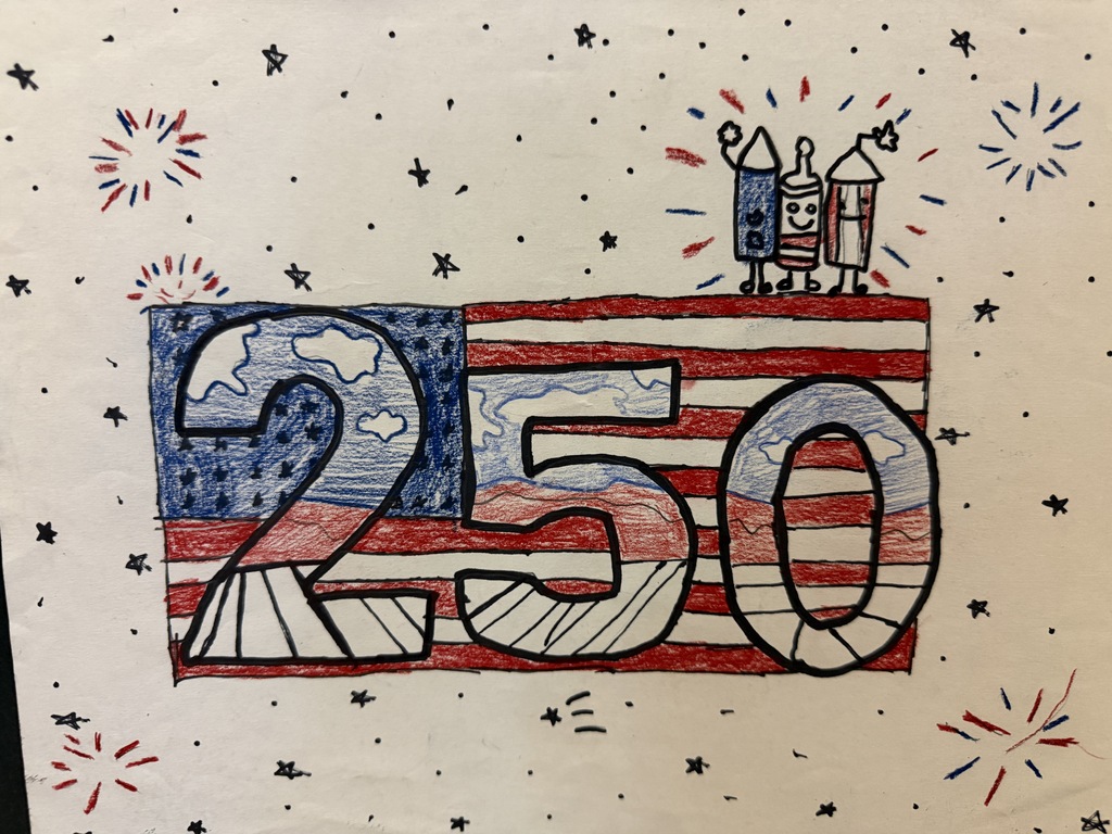 Student artwork of an American flag with fireworks
