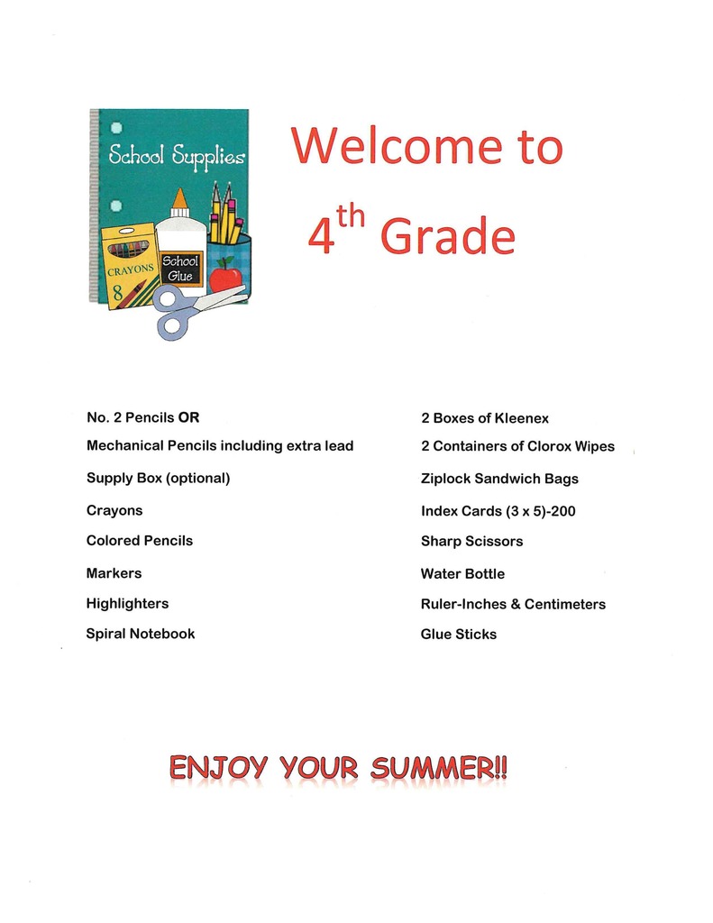 4th grade supply list