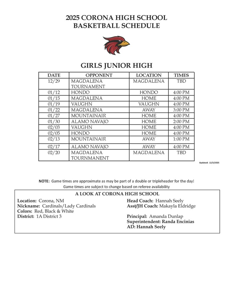 Girls Basketball Schedule