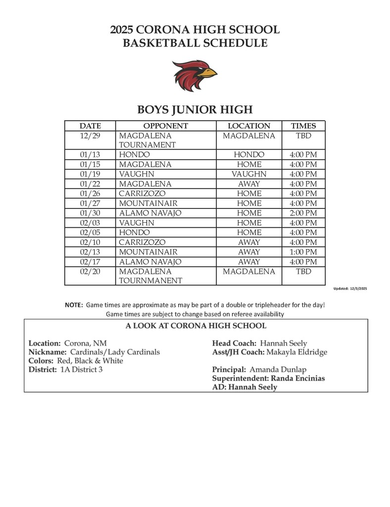 Boys Basketball Schedule