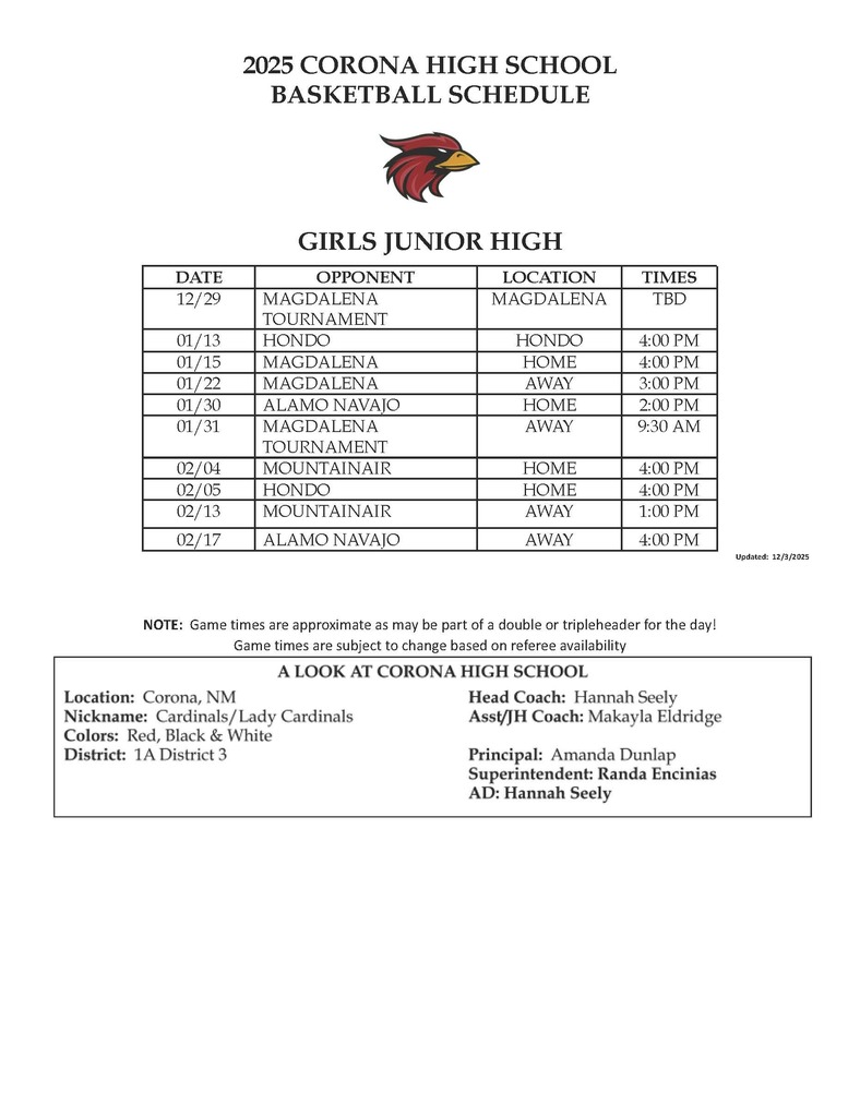 Girls Basketball Schedule