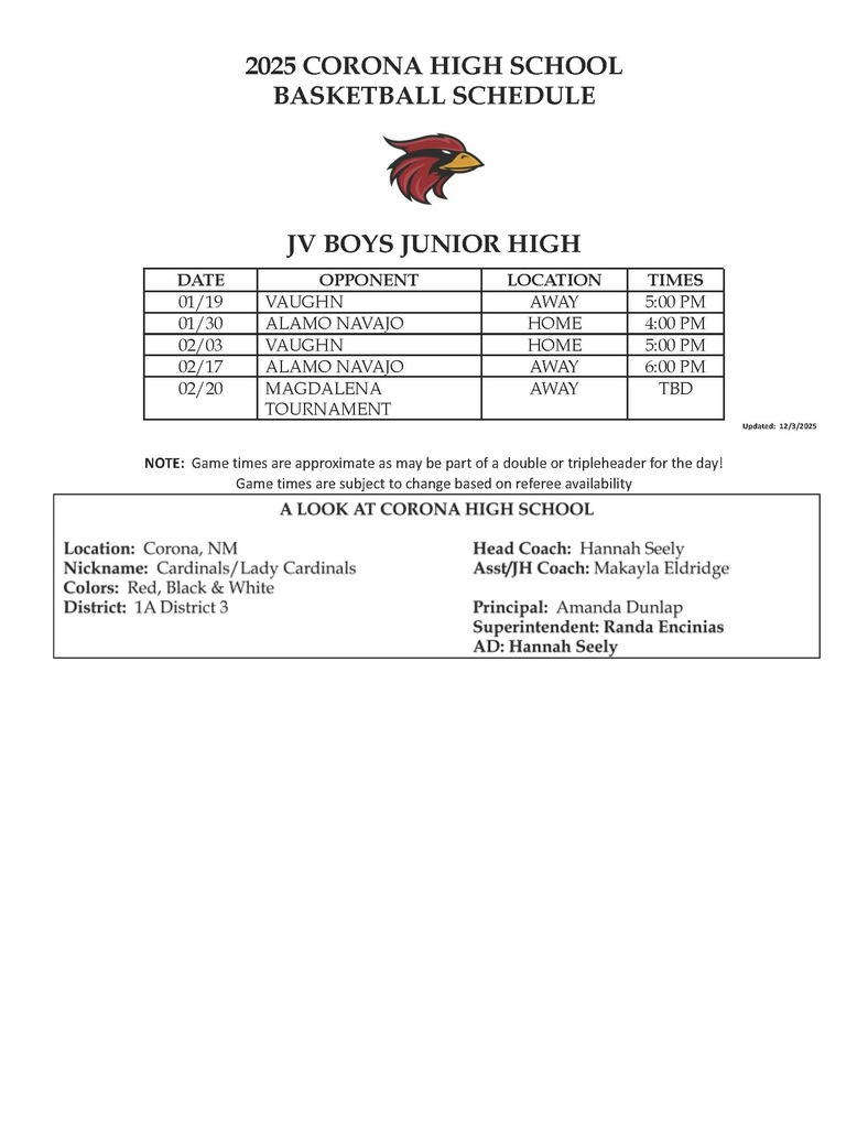 Boys JV Schedule
