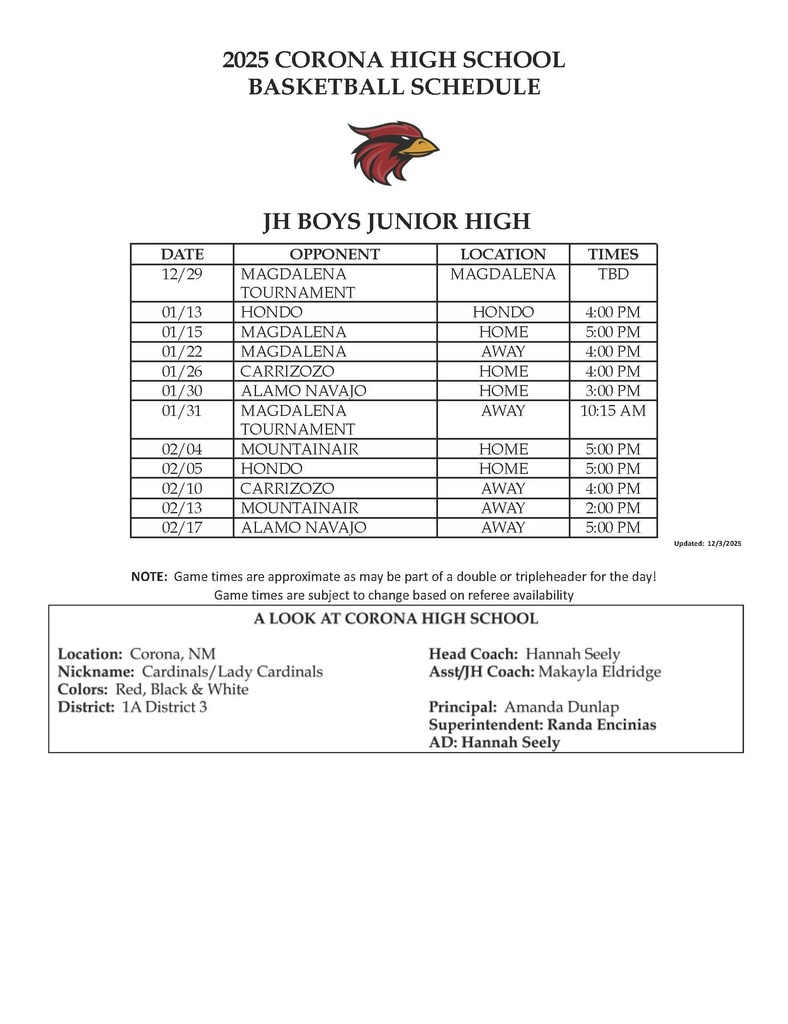 JH Boys Basketball Schedule