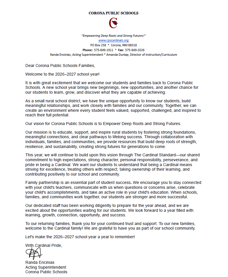 Welcome Back Letter