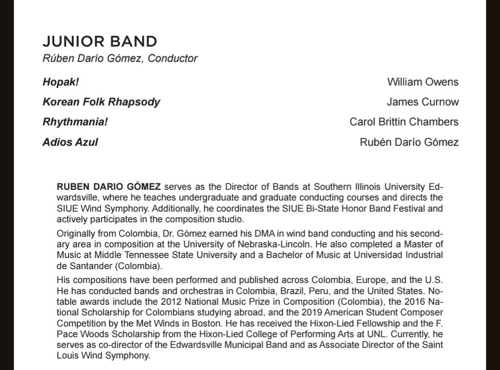 Jr Band repertoire and conductor biography.