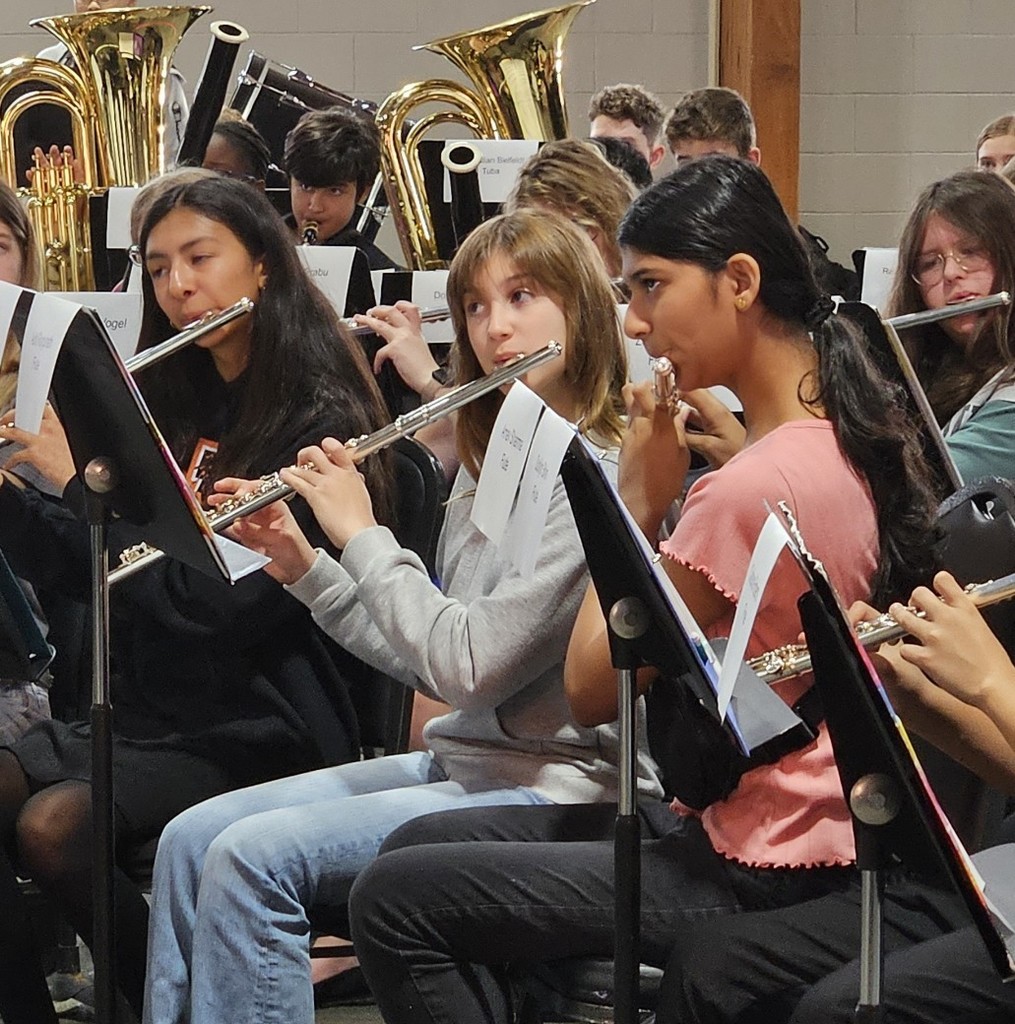 Student playing the flute in an ensemble.