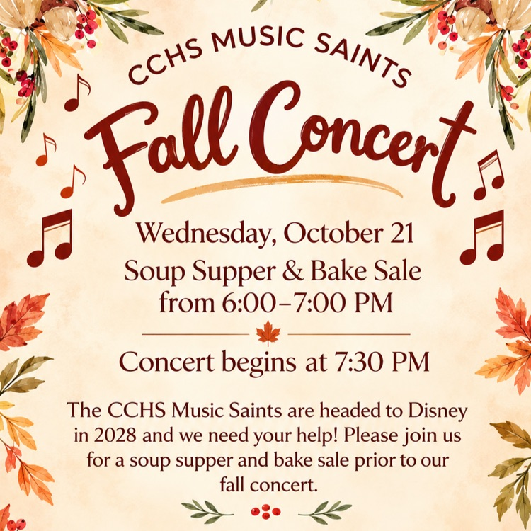 If you can not attend but would like to make a donation please contact Laura Young, choir director at lyoung@cchssaints.org