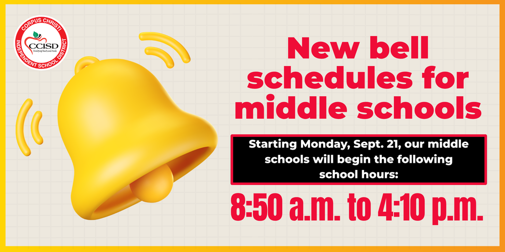 New bell schedules for middle schools. Starting Monday, Sept. 21, middle schools will begin the following hours: 8:50 a.m. to 4:10 p.m. 
