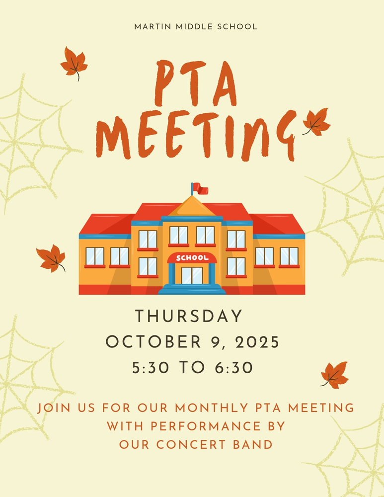 📣CALLING ALL MARTIN FAMILIES‼️
🗓THIS Thursday, October 9th, please join us for our monthly PTA Meeting🥳
🎶Our Brilliant Band students will also be showcased this evening🤩