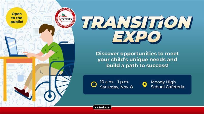 CCISD student in wheelchair with ccisd logo and saying it is open to the public