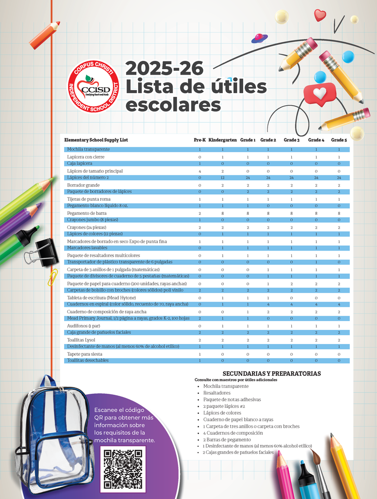 2025-2026 School Supply list 