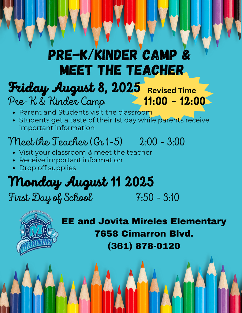 25-26 PKK Camp Meet the Teacher Revised Pre-K/Kinder Time to 11:00 am - 12:00 pm