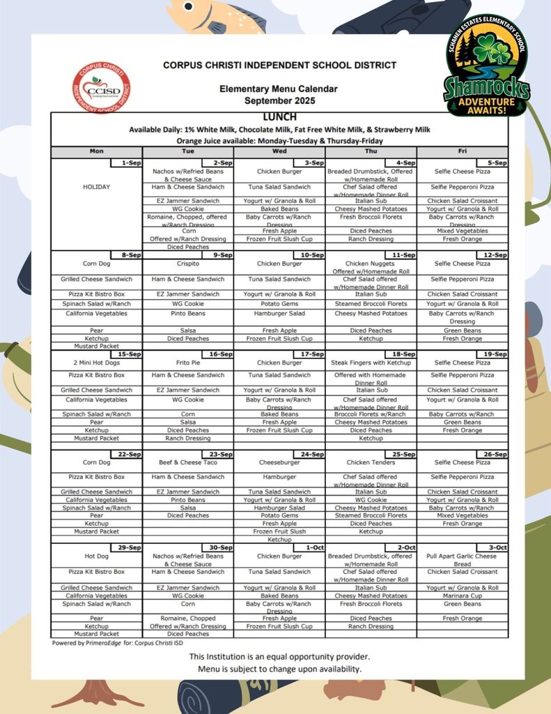 Sept. 2025  Elementary Lunch Menu