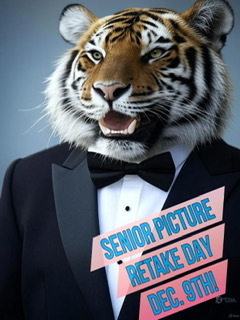 Camera emoji. Seniors — One More Chance! Missed your formal senior picture day? No worries! Senior picture retakes are scheduled for December 9th— don't miss the chance to capture your best Tiger smile. Tiger face emoji, blue heart emoji, white heart emoji.