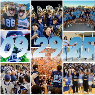 The countdown is ON. Hourglass emoji. In 7 days, Carroll goes full throttle into Homecoming Spirit Week 2025. Blue heart emoji, white heart emoji. Get your outfits ready, Tigers — this year is going to ROAR. Tiger emoji, fire emoji. Hashtag 7DaysToHoCo hashtag TPND hashtag TigerNation