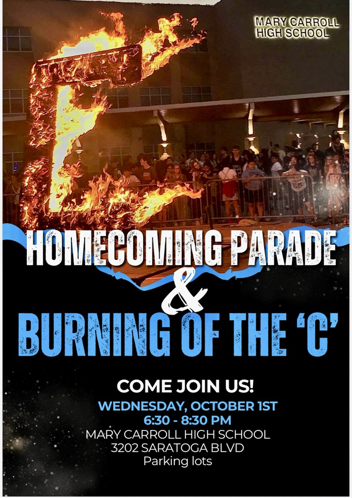 : Large wooden letter “C” burning in flames during Mary Carroll High School’s Homecoming Parade & Burning of the C event, with a crowd of students watching in the background.