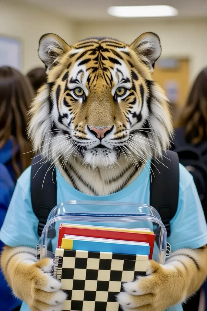 Tiger wearing a student outfit, carrying books and looking like it’s ready for class.