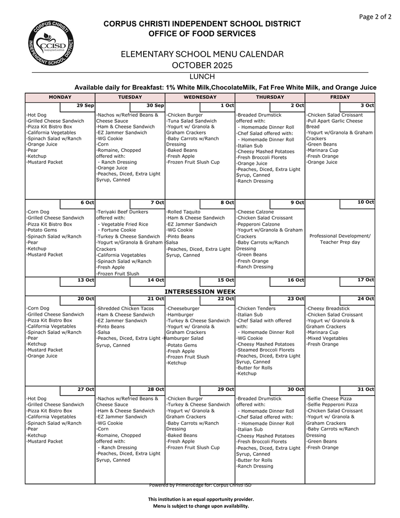 October lunch menu