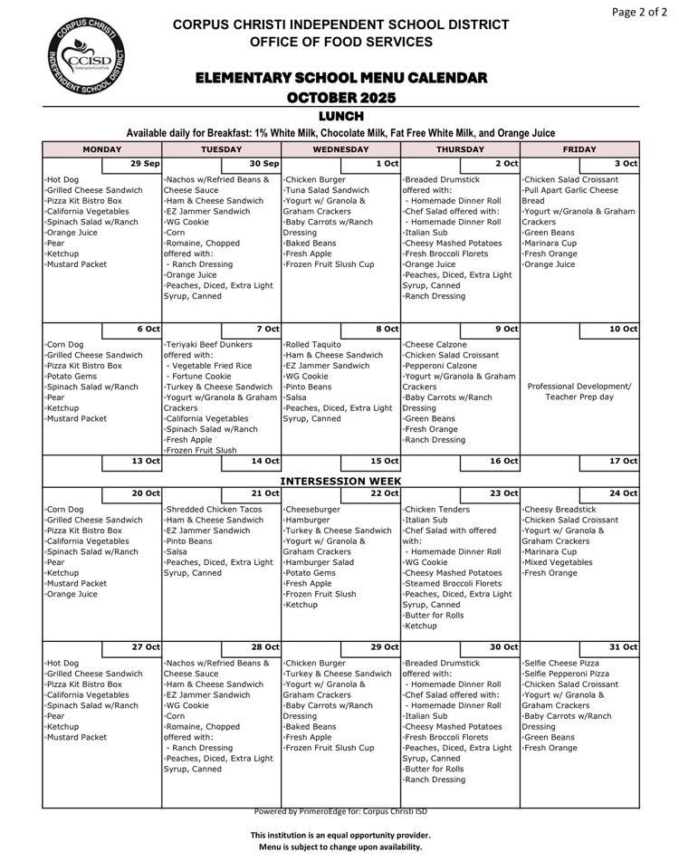 October Menus
