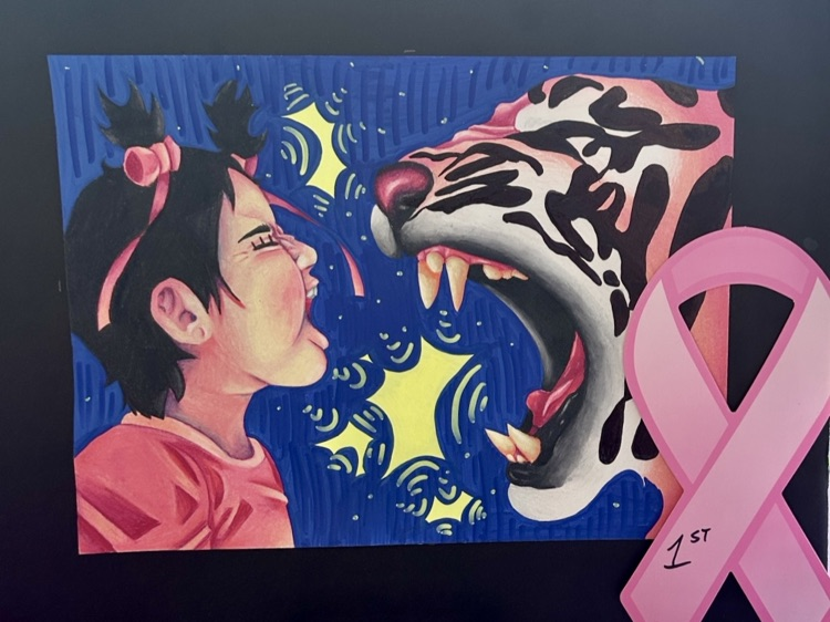 Alt text: Artwork titled “Hear the Roar” showing a girl facing a roaring tiger in bold pink, blue, and yellow colors.