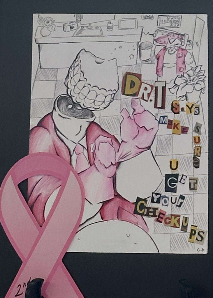 Alt text: Artwork titled “Get Your Checkups” featuring a stylized doctor figure with a reminder about regular checkups and a pink ribbon for breast cancer awareness.