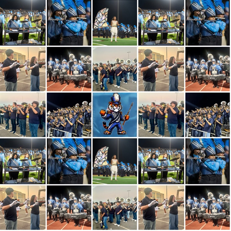 Carroll Tiger Band performing under stadium lights, musicians in blue and black