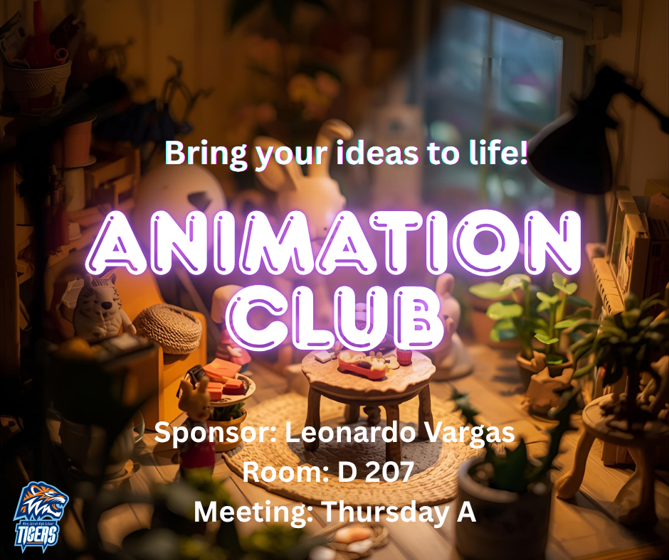 Animation Club: Miniature art studio scene with clay figures and soft lighting; text promotes Animation Club.