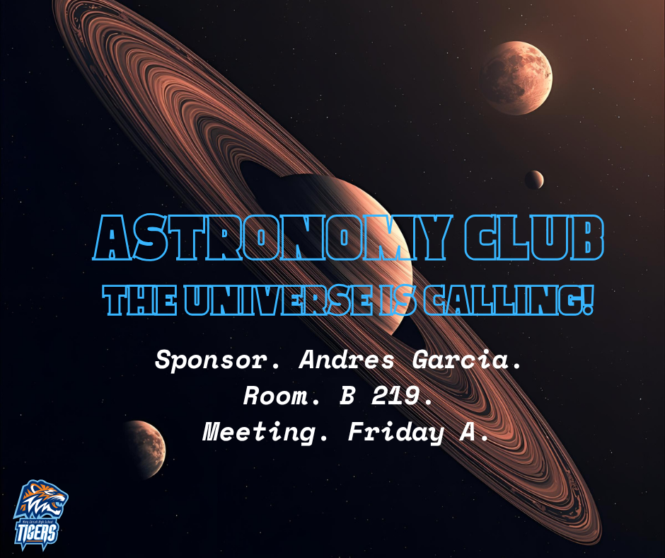Astronomy Club: Planetary scene with Saturn-like rings; text invites students to join Astronomy Club.