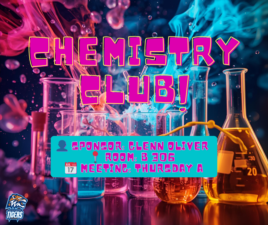 Chemistry Club: Colorful lab beakers with smoke and bright liquids; text highlights Chemistry Club details.
