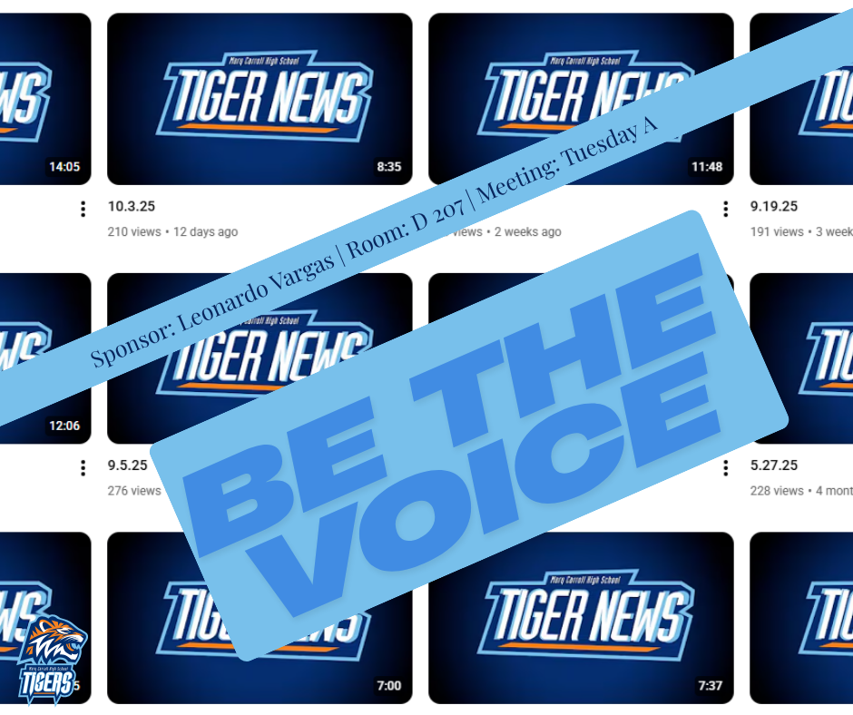 Tiger News: Grid of Tiger News thumbnails with “Be the Voice” banner promoting journalism club.