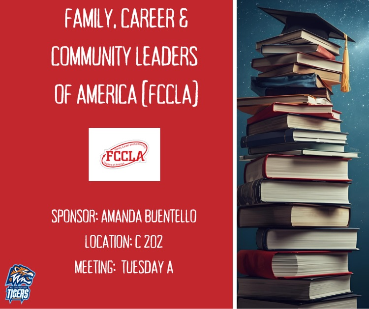 Image of club information with stack of textbooks