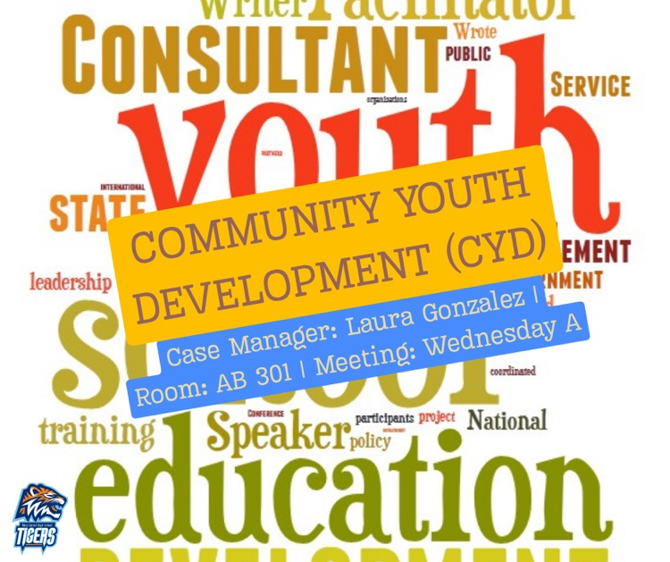 Alt Text: Colorful word cloud with “Community Youth Development” banner and meeting details.