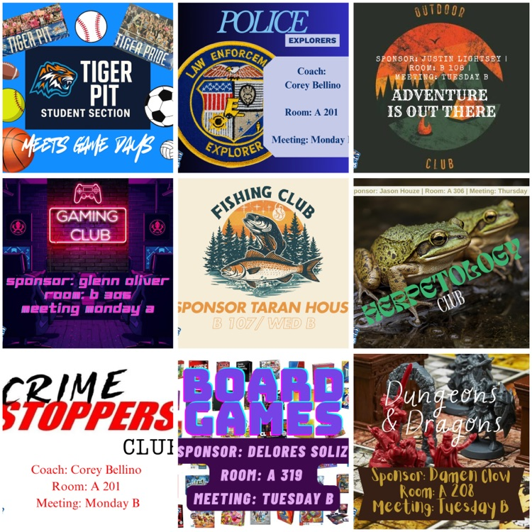 Alt Text: Collage of Carroll club graphics featuring Gaming, Fishing, Outdoor, D&D, Board Games, and more under the Recreation & Hobbies theme.