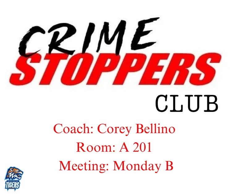 Alt Text: Crime Stoppers logo in bold black and red with club meeting details in red text.